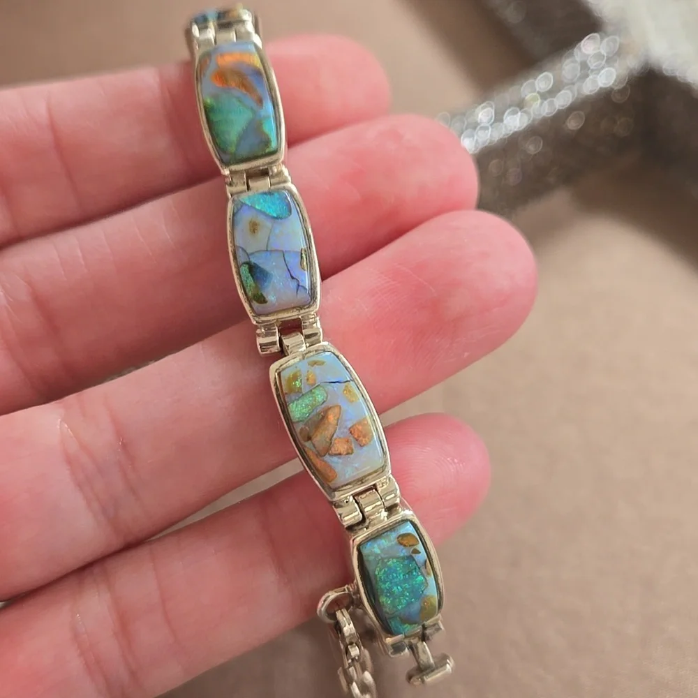 Vintage Navajo Calvin Begay Sterling Opal Bracelet - Picture 7 of 12